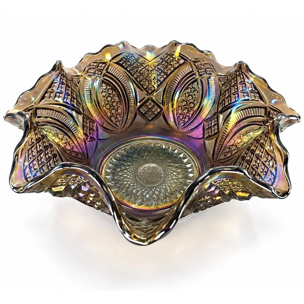 Antique Imperial Diamond Ring Smoke Carnival Glass Ruffled Bowl 1910s Iridescent